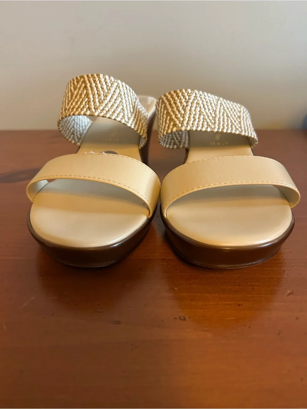 Women's Cream Two-Band Wedge Slide Sandals with Woven Accent